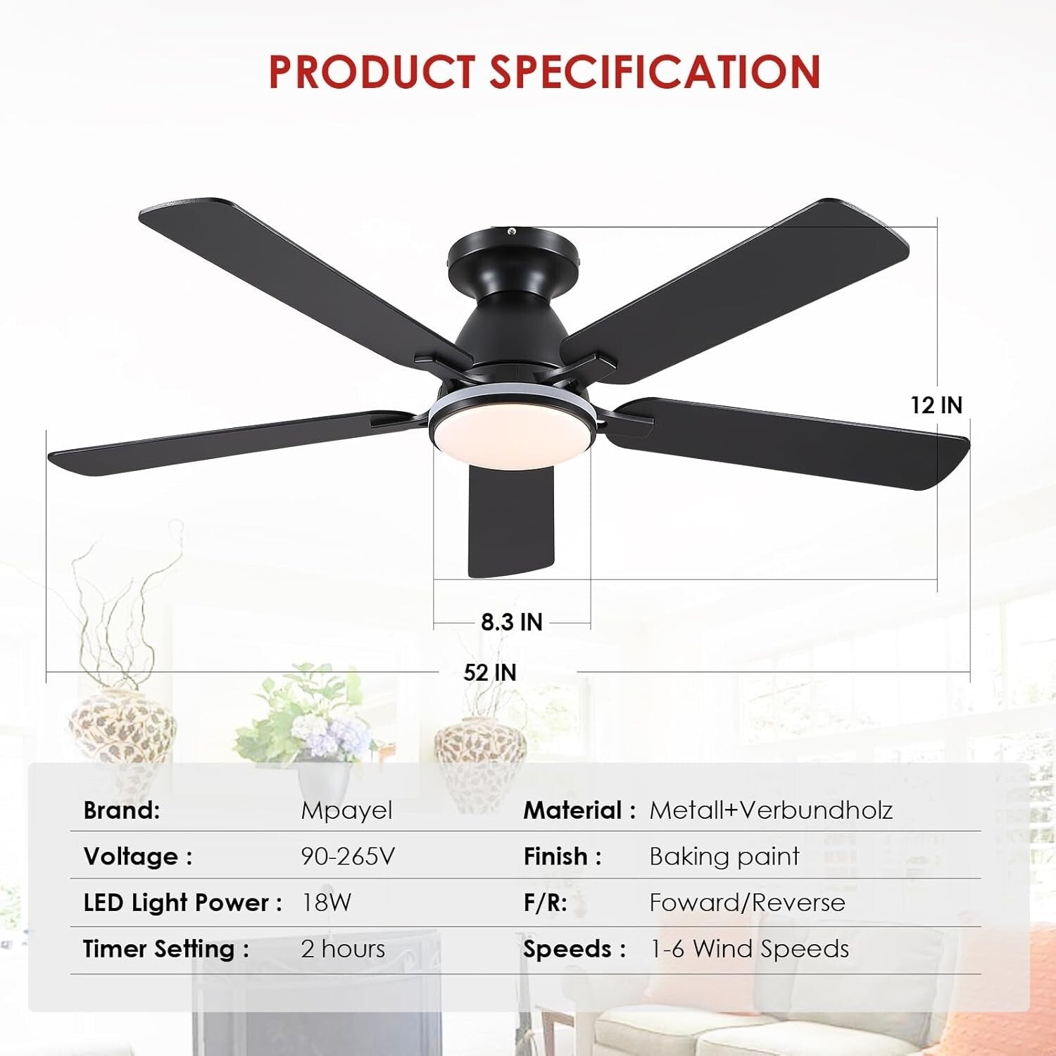 5-Blade Indoor Ceiling Fan: 52" Smart LED Light & Remote Controlled for Bedrooms
