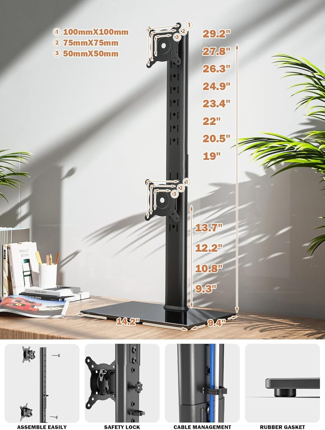 Ergonomic Dual Monitor Stand - Adjustable Height Riser for 13" to 34" Screens