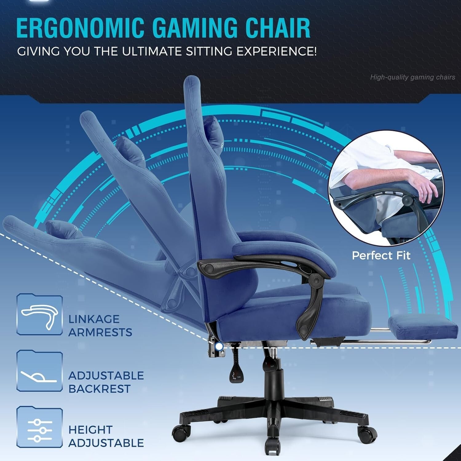 Luxurious Blue Gaming Chair for Adults - Supports 350LBS with Lumbar Support