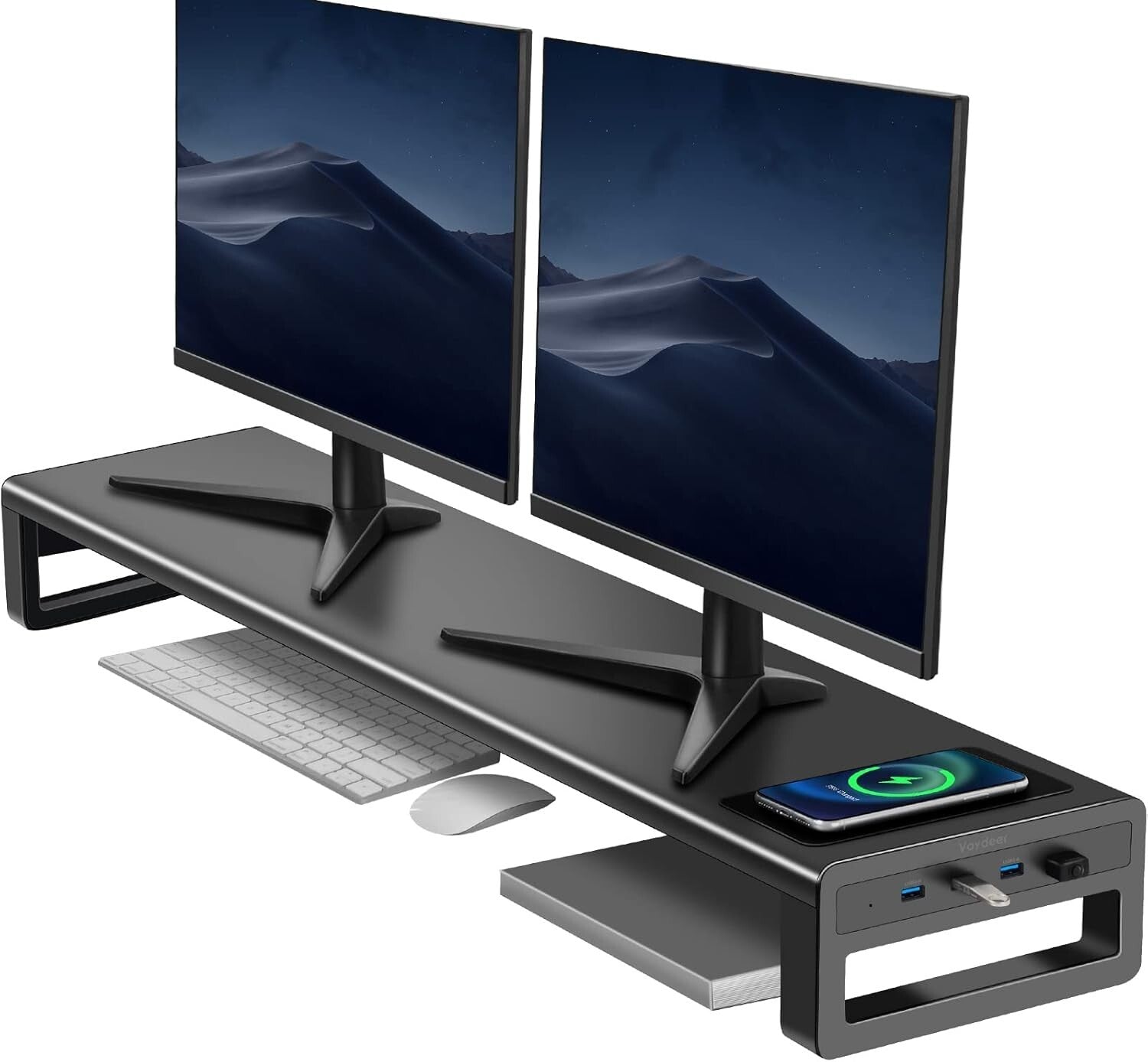 High-Quality Dual Monitor Riser with Fast Wireless Charging & 4 USB Ports