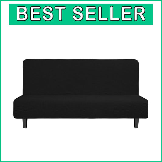 Elegant Black Armless Futon Slipcover - Stretchy Jacquard Fabric Protector