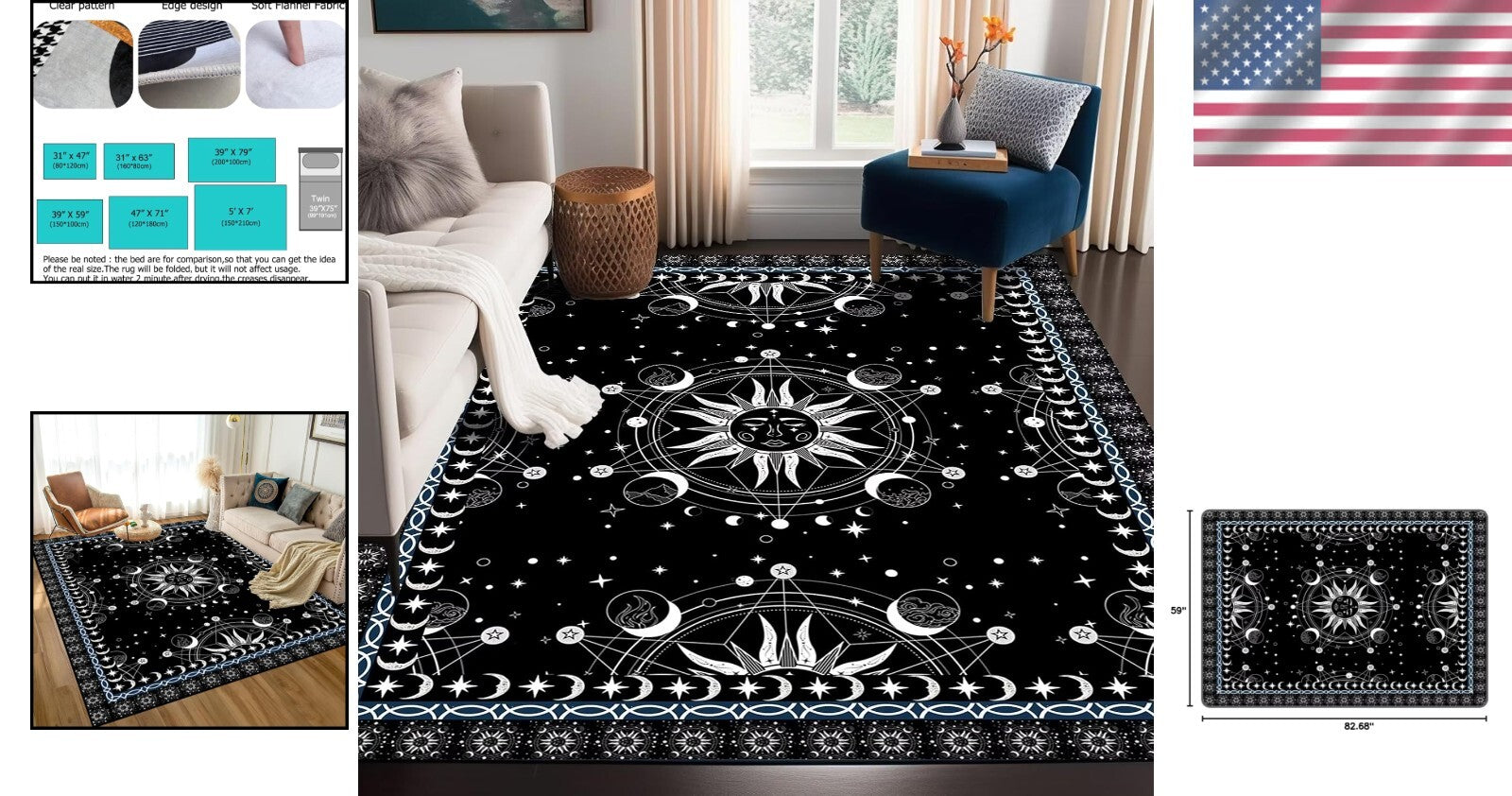 Whimsical 5' x 7' Black Polyester Floral Rug with Anti-Slip Design for Home Use