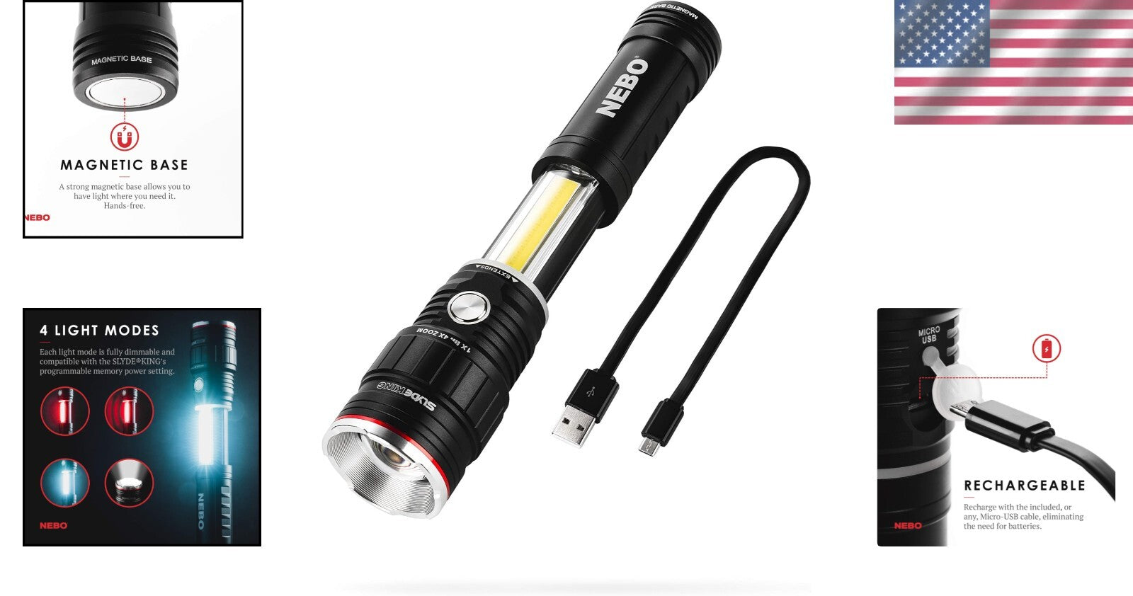 Ergonomic Slide King Flashlight - 4 Light Modes & Long Runtime for All Occasions