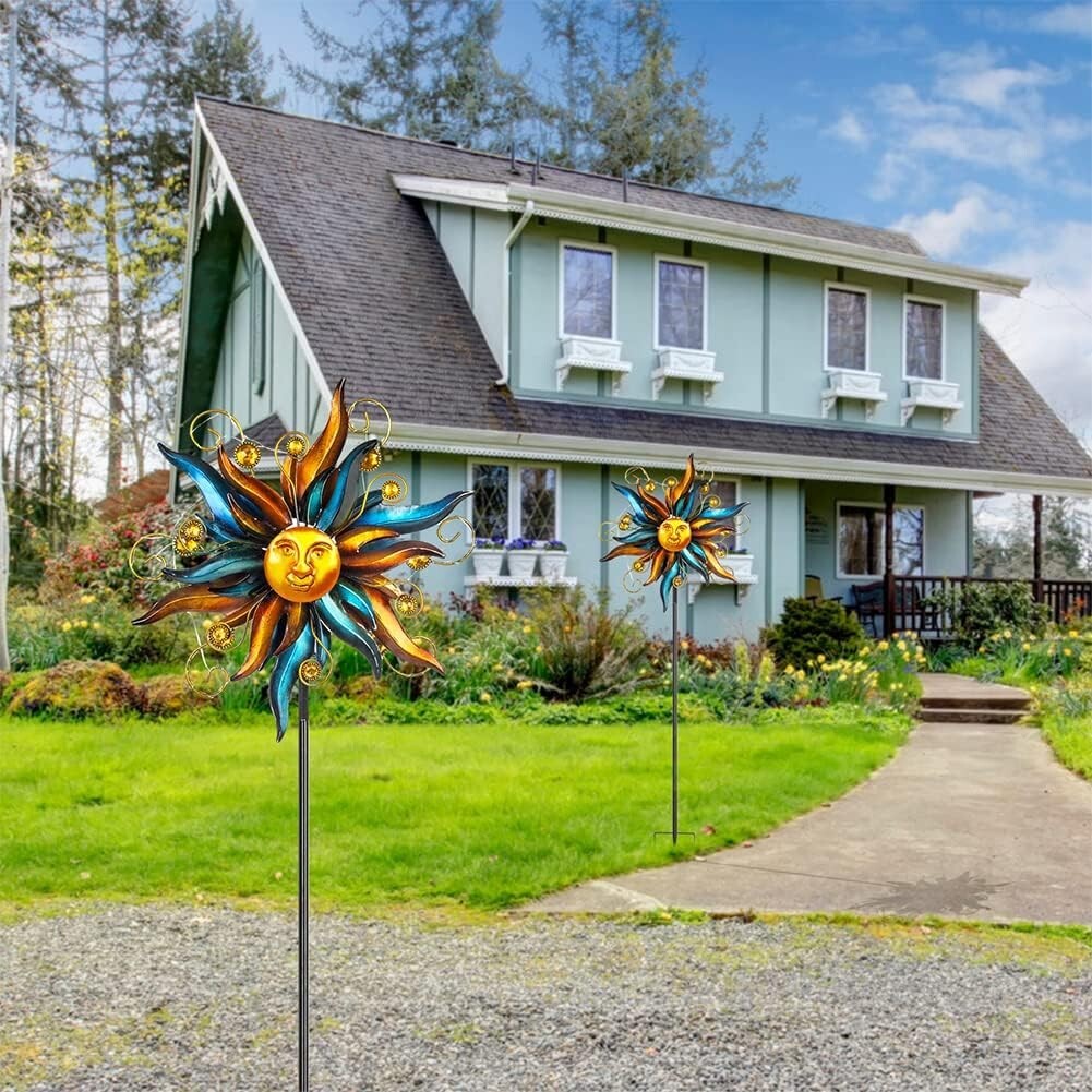 Unique Face Design Solar Garden Wind Spinner with LED Lights - Easy Installation