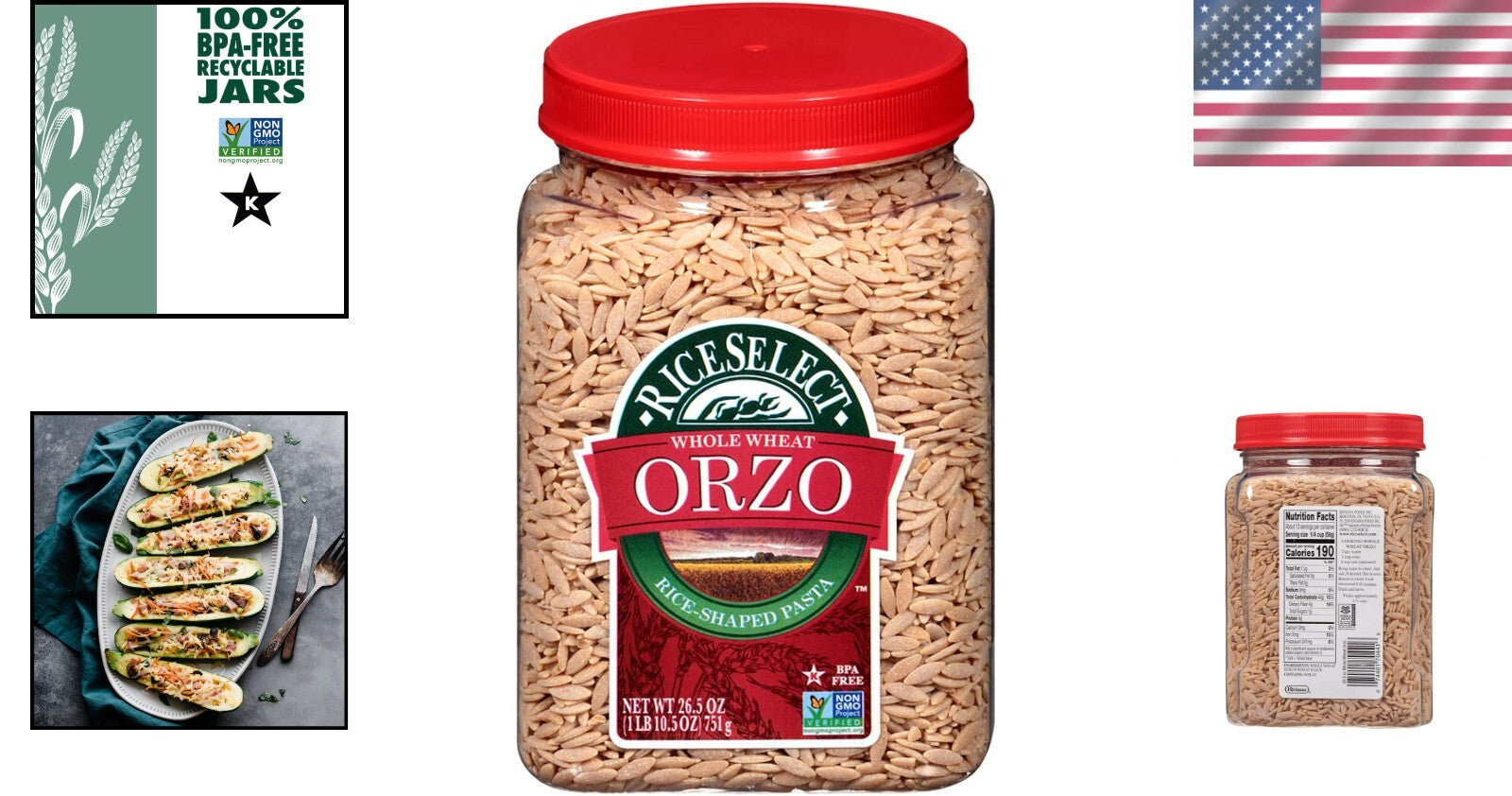 Nutritious Whole Wheat Orzo Pasta 4-Pack - Non-GMO, High Protein - 26.5-Oz Jars