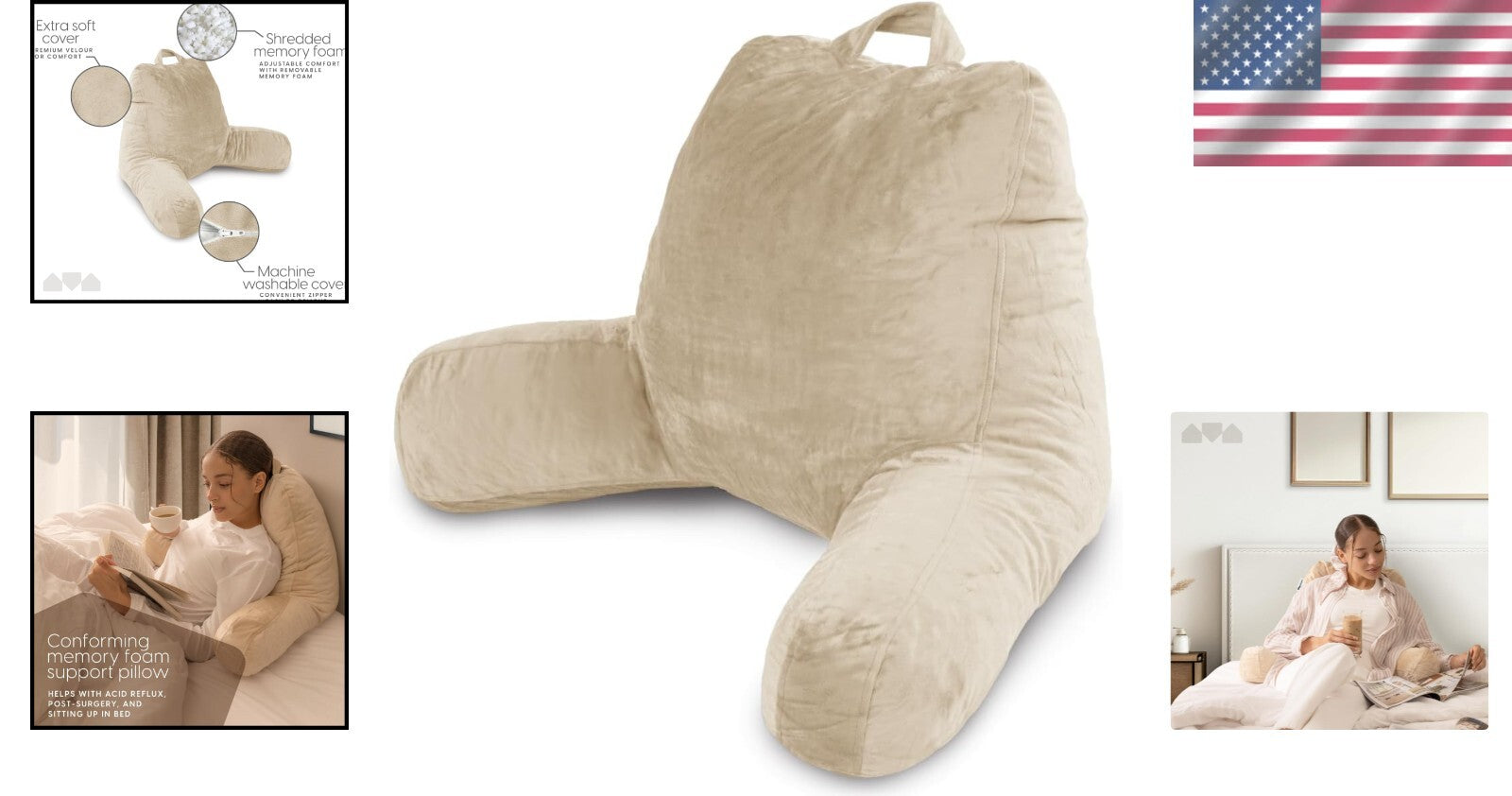 Large Cream Reading Pillow with Shredded Memory Foam & Arms for Ultimate Support