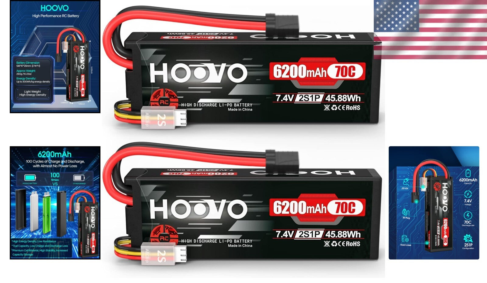 7.4V 6200mAh 2S Lipo Battery with Tracxas Plug - Perfect for RC Cars & Drones