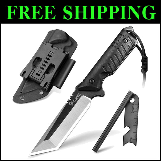 440C Tactical Outdoor Knife with Fire Starter & Kydex Sheath - Perfect Campin...