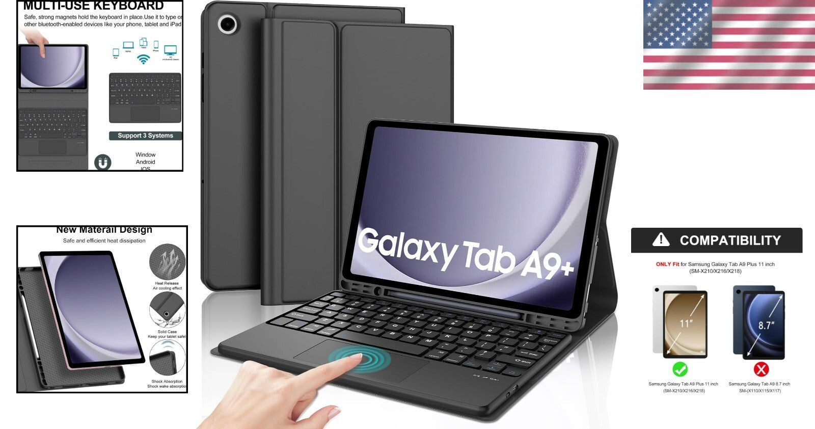 2023 Galaxy Tab A9 Plus 11” Keyboard Case with Adjustable Angles & Battery Saver