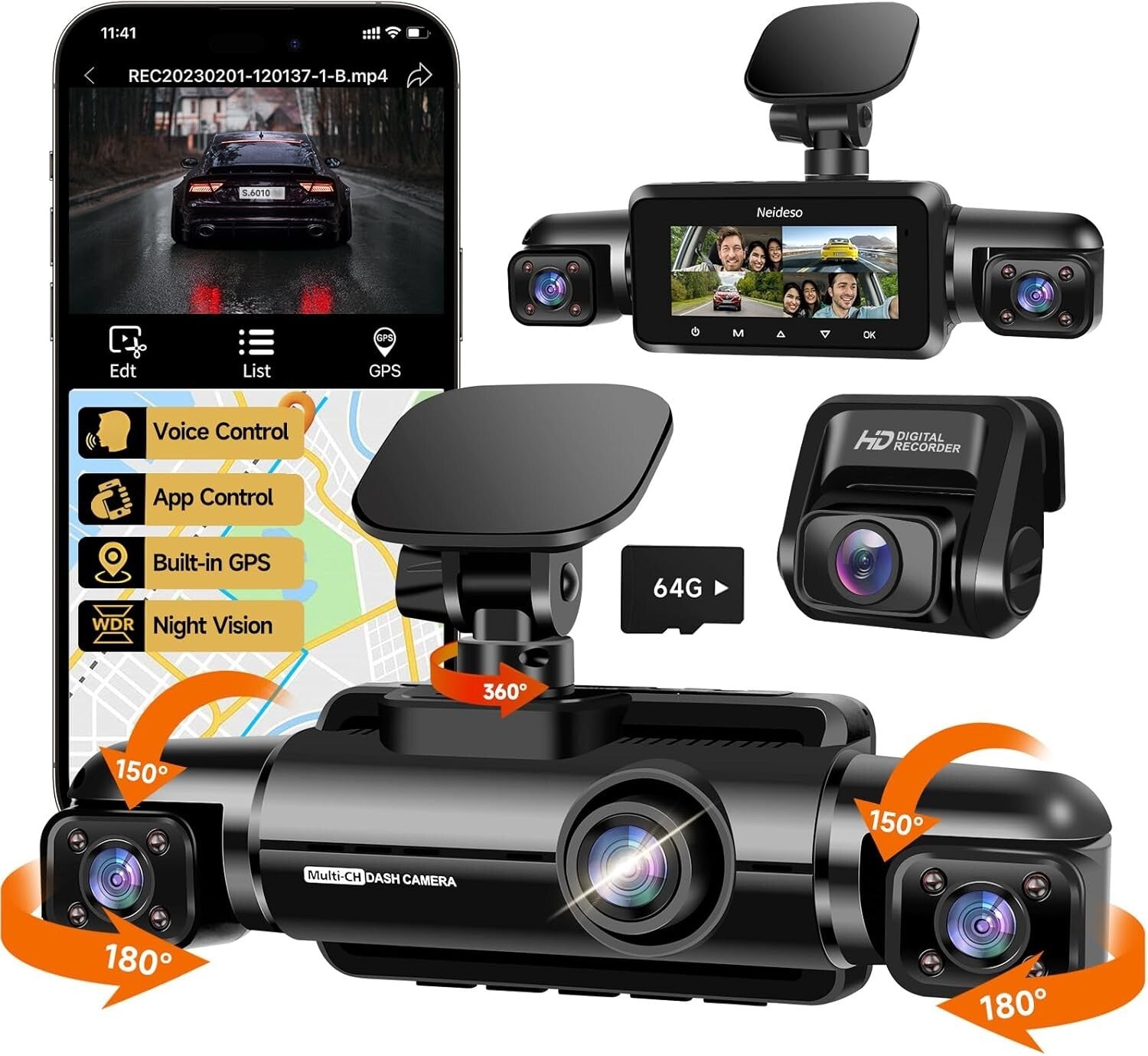 Wi-Fi Connected 360° Dash Cam with Voice Control & 24-Hour Parking Surveillance