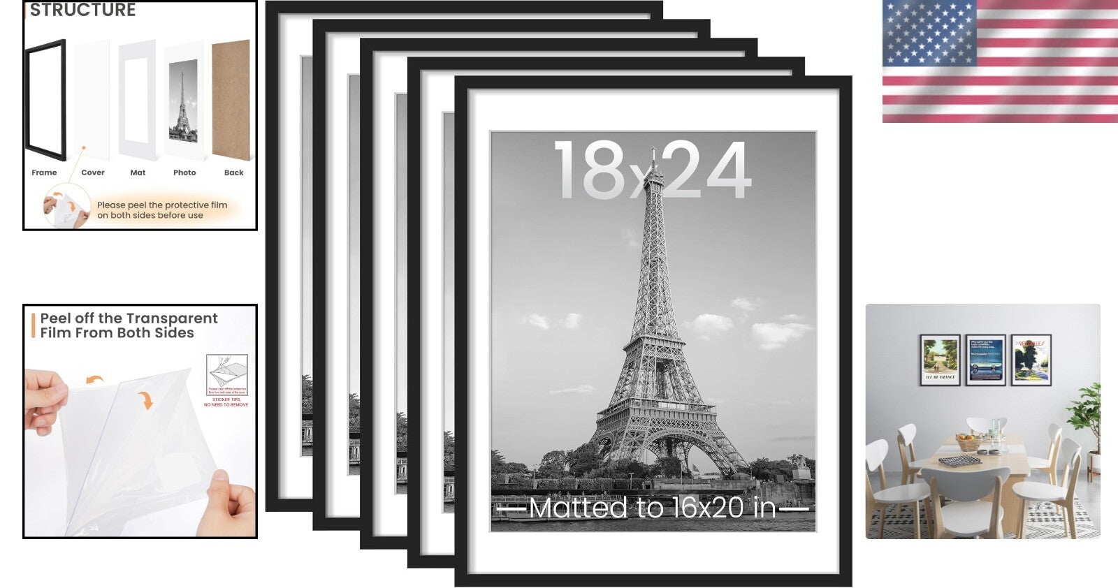 Elegant 18x24 Picture Frame Set of 5 - Ideal for Family Wall Displays