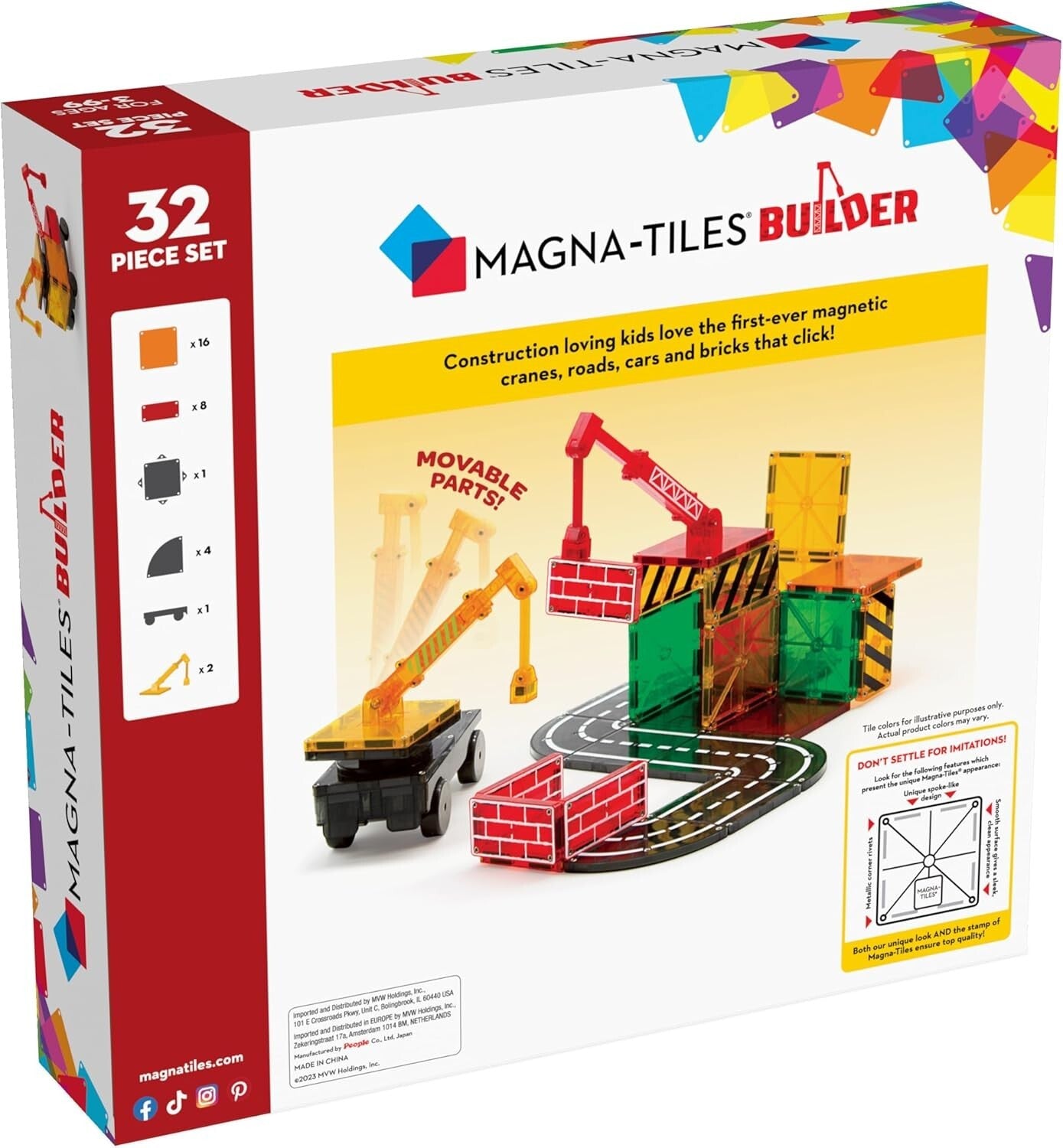 The ORIGINAL 32-Piece Magnetic Building Set with Extendable Cranes, Ages 3+
