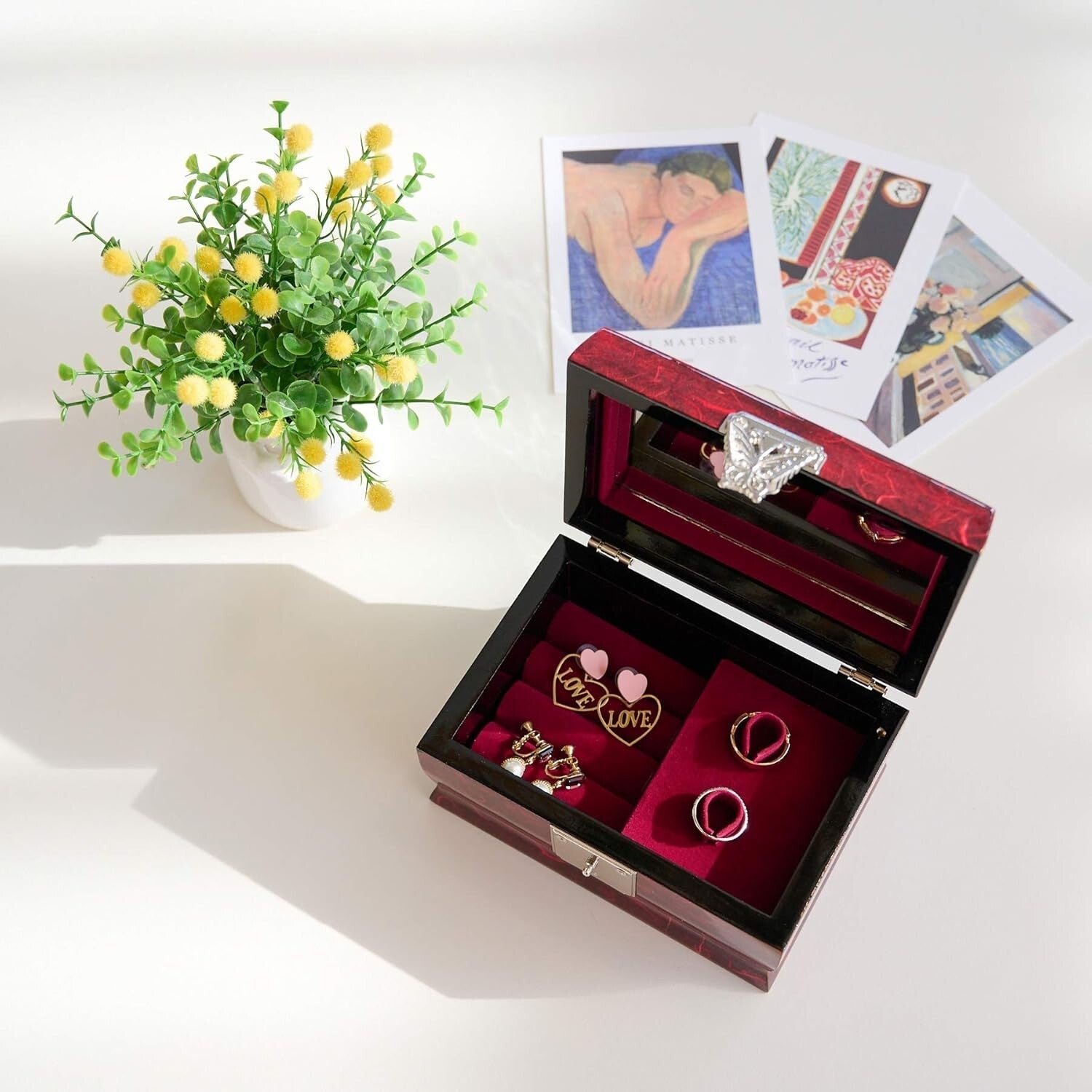 Artisan Jewelry Music Box with Butterfly Clasp & Mirror – Ideal for Organizing