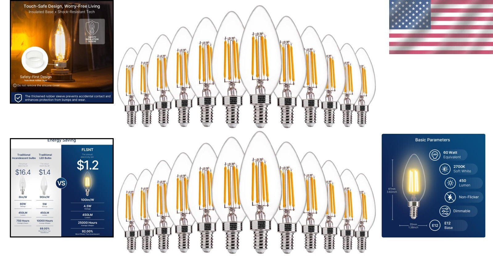 Energy Efficient 4.5W E12 LED Candelabra Bulbs - 60W Equivalent for Chandeliers