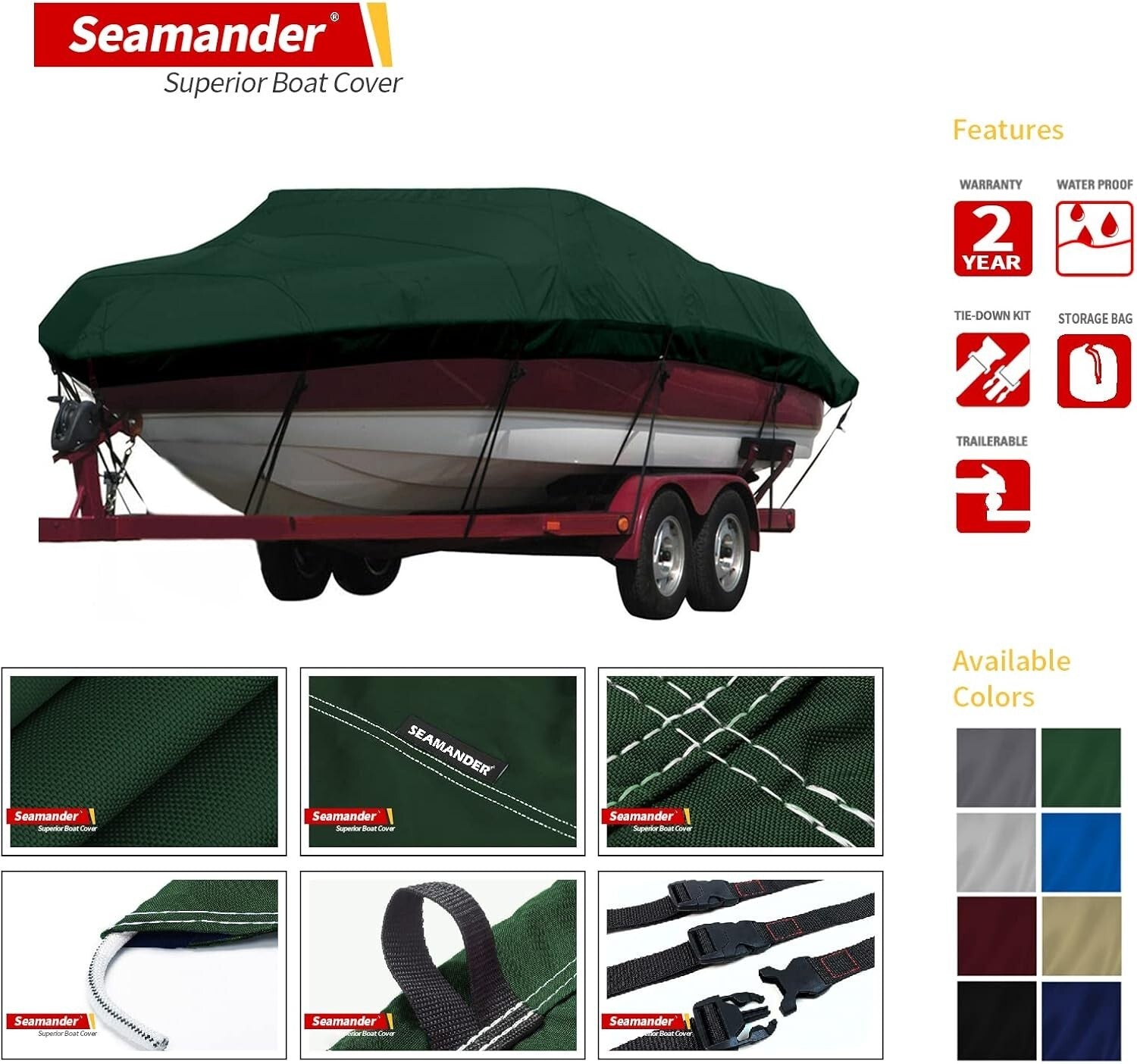 Forest Green Marine Cover for 20'-22' Bass & Runabout Boats - Secure Fit Design