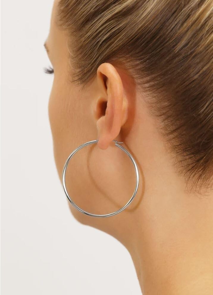 Stunning 14k White Gold 1.8 Inch Round Hoop Earrings with Click-Top Closure