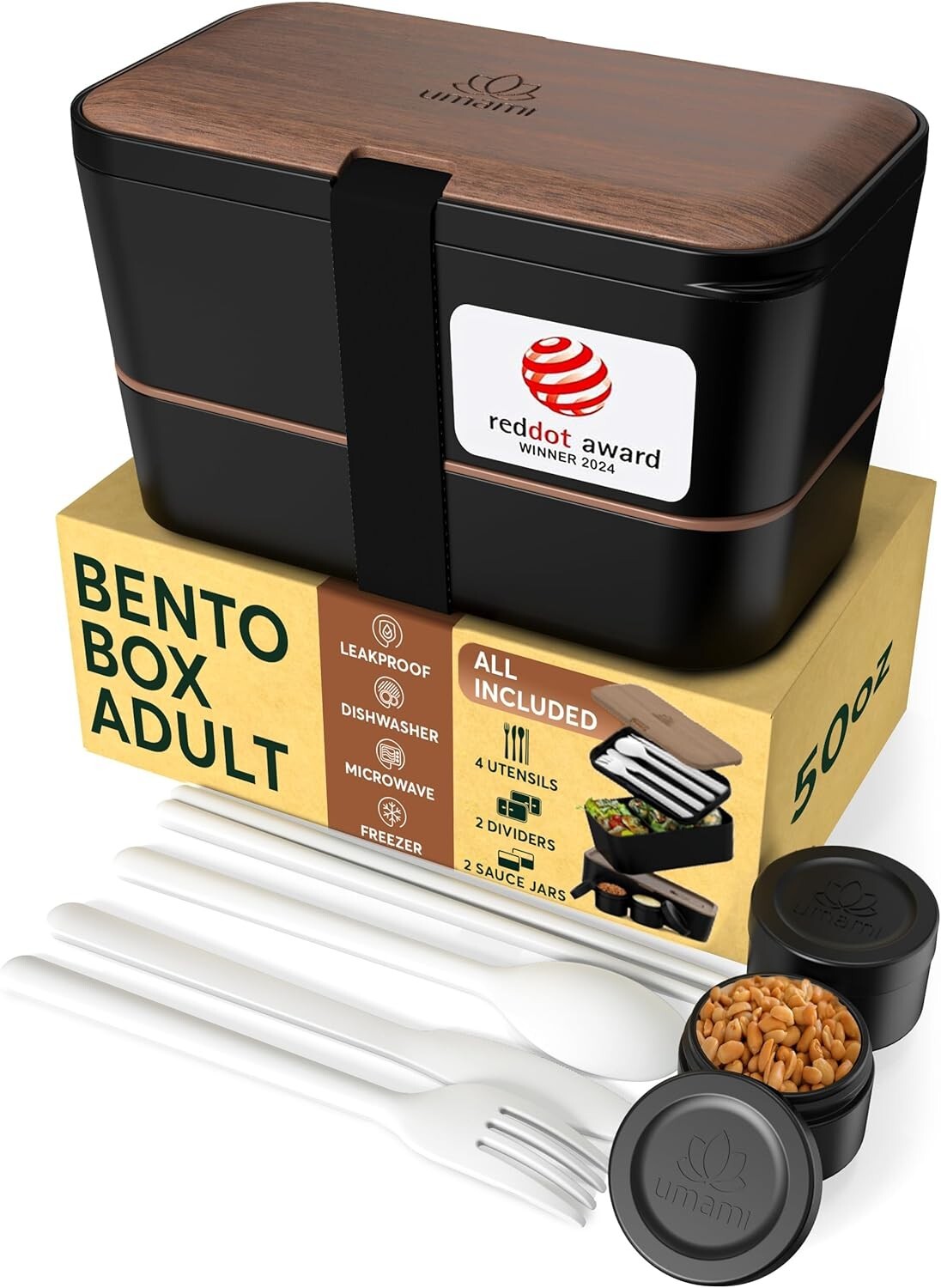 Stylish Leakproof Bento Box with Utensils & sauce jars - 50 oz Lunch Container