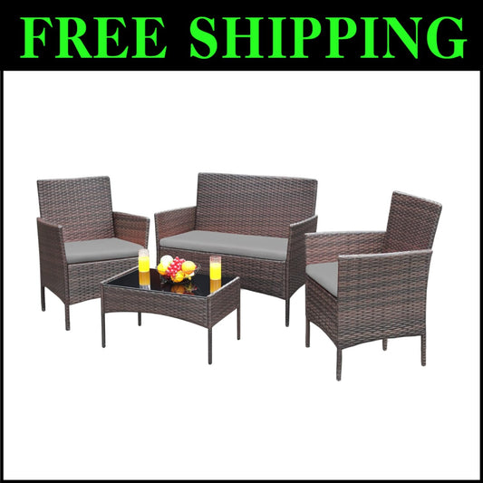 Durable Outdoor 4-Piece Wicker Set with Cushions & Chic Glass Table - Brown/Gray