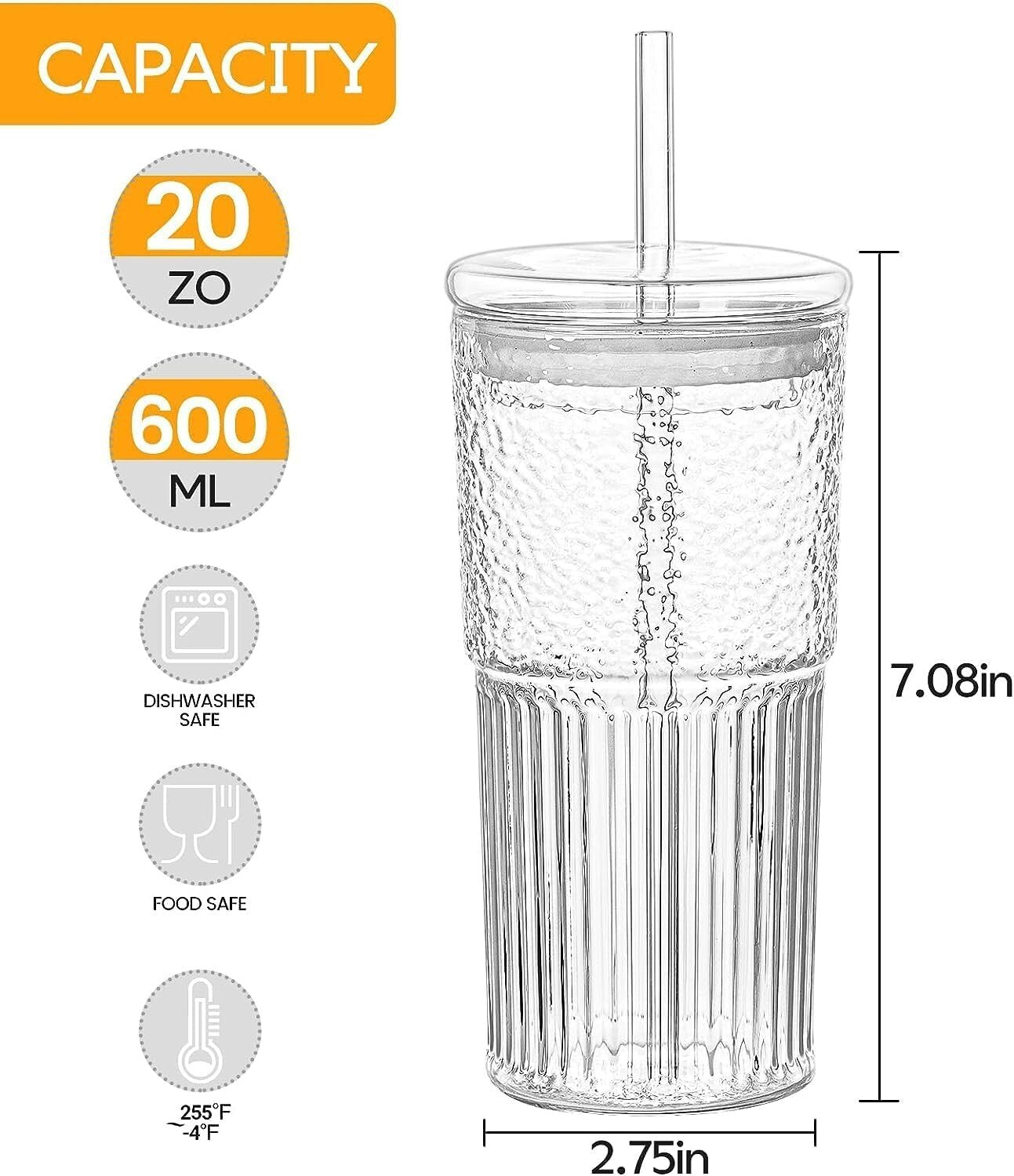 Elegant 4-Piece Glass Tumbler Set - 20 Oz with Lids & Straws for Every Occasion