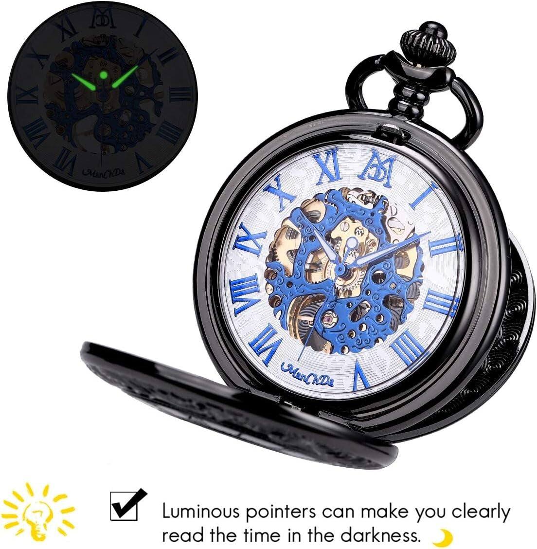 47mm Battery-Free Skeleton Pocket Watch with Custom Engraving - Men’s & Women’s