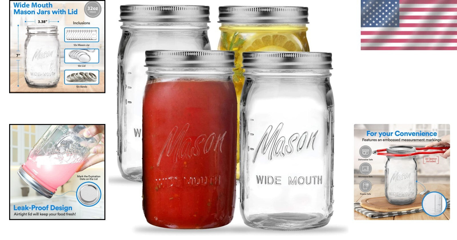 12-Pack Wide Mouth 32 oz Mason Jars - Airtight Seal for Canning & DIY Projects