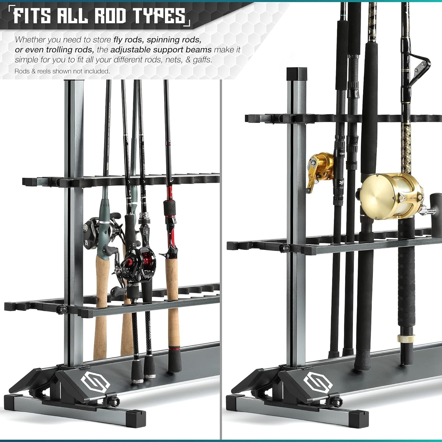 Lightweight Aluminum Fishing Rod Rack - 24 Slot Organizer for Garage Storage