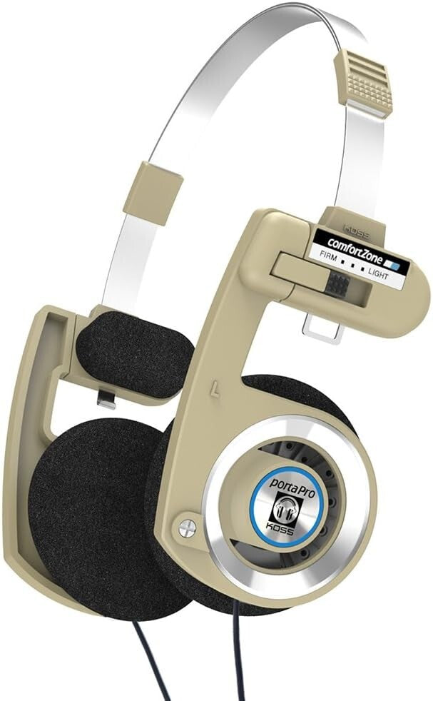 Foldable Porta Pro Headphones in Rhythm Beige with Volume Control & Carry Case