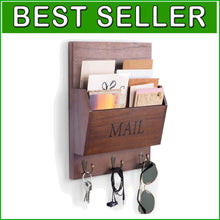 Load image into Gallery viewer, Rustic Wall-Mounted Mail Organizer with Key Holder and 3 Hooks in Dark Brown