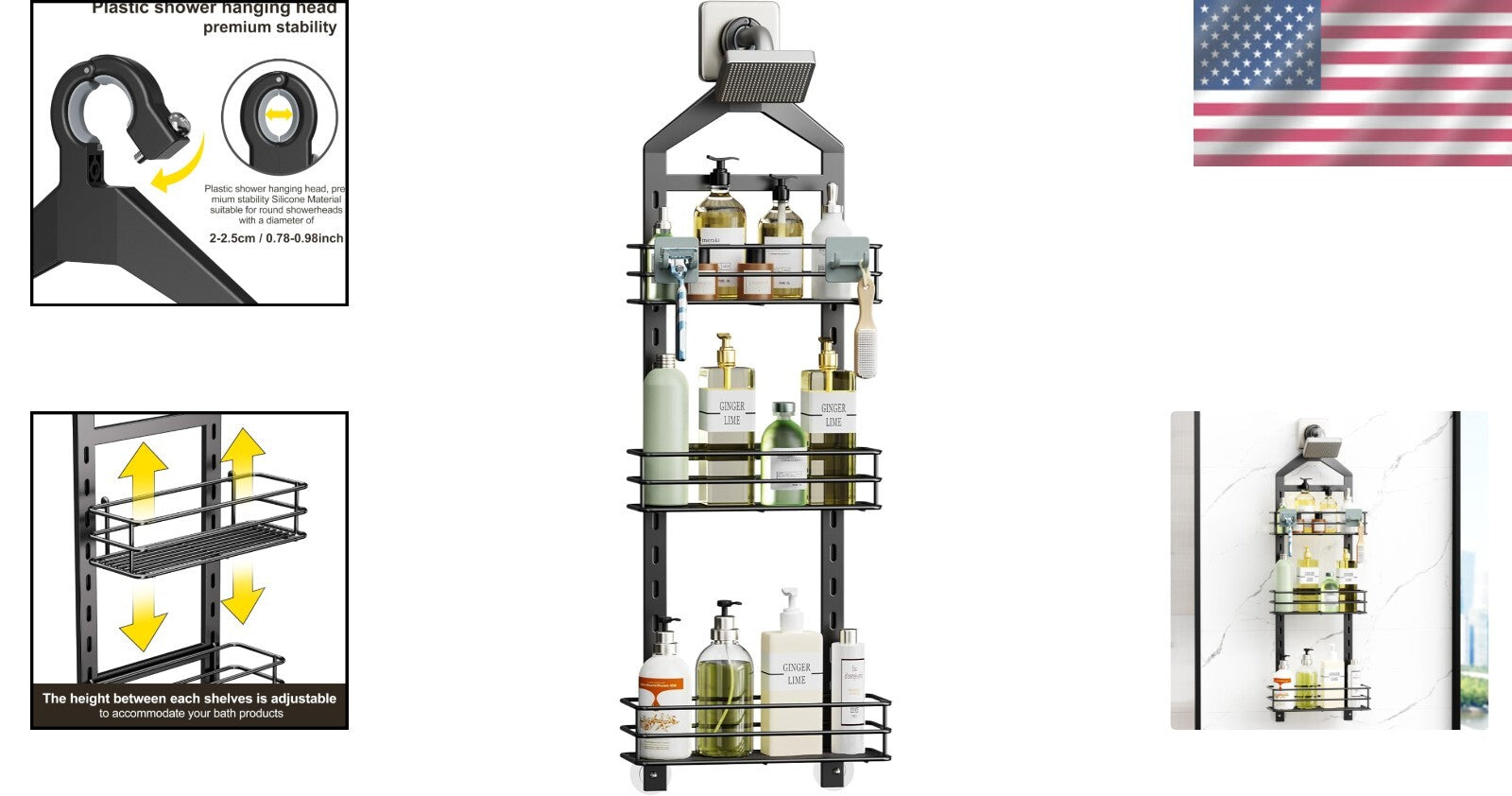 3-Tier Rust-Resistant Shower Caddy with Adjustable Shelves – Black Hanging Rack