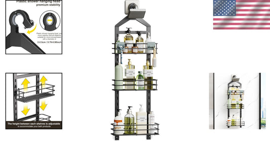 3-Tier Rust-Resistant Shower Caddy with Adjustable Shelves – Black Hanging Rack
