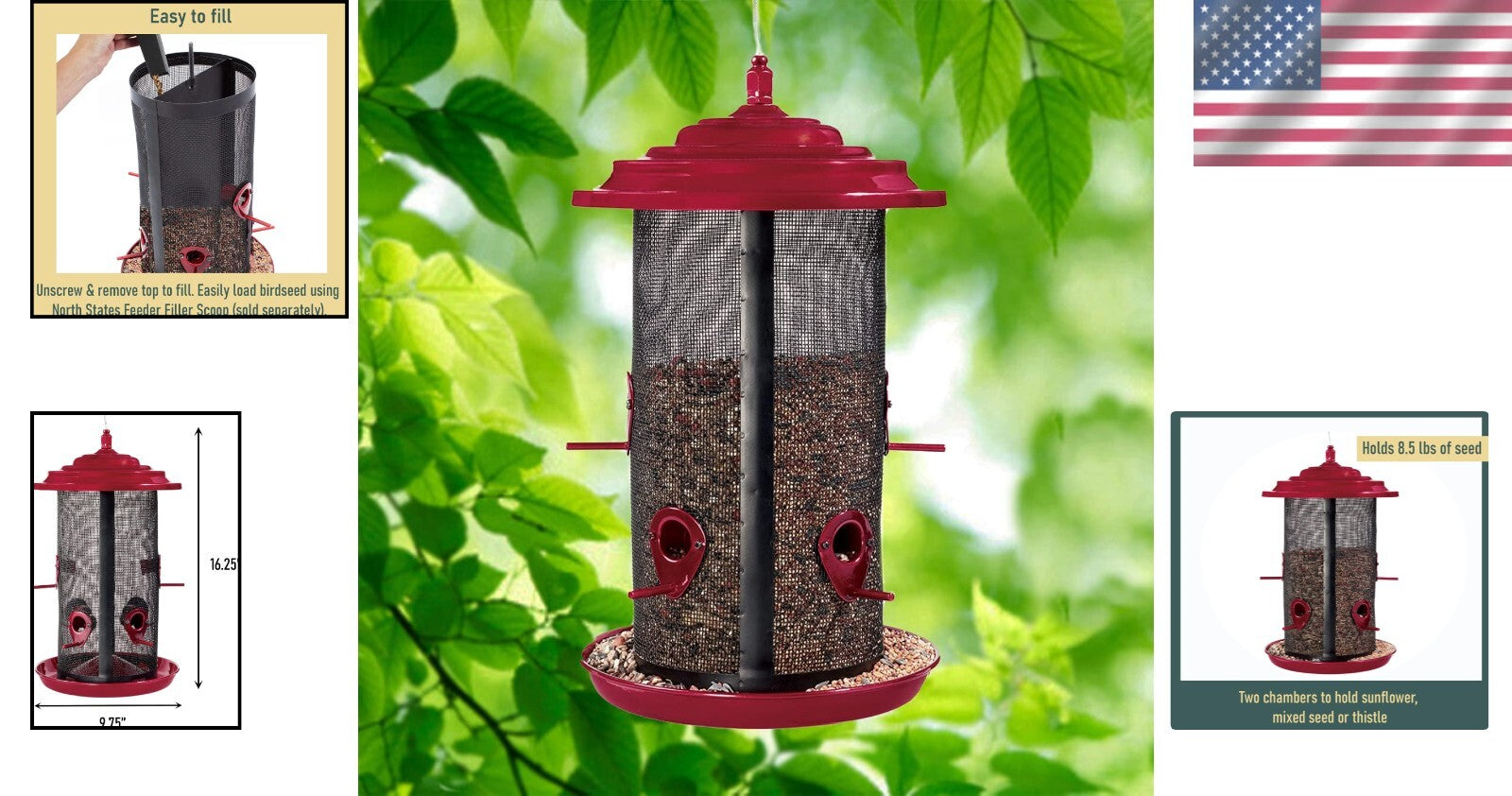Durable Hanging Bird Feeder with 2 Chambers and 8.5 lb Seed Capacity - Crimson