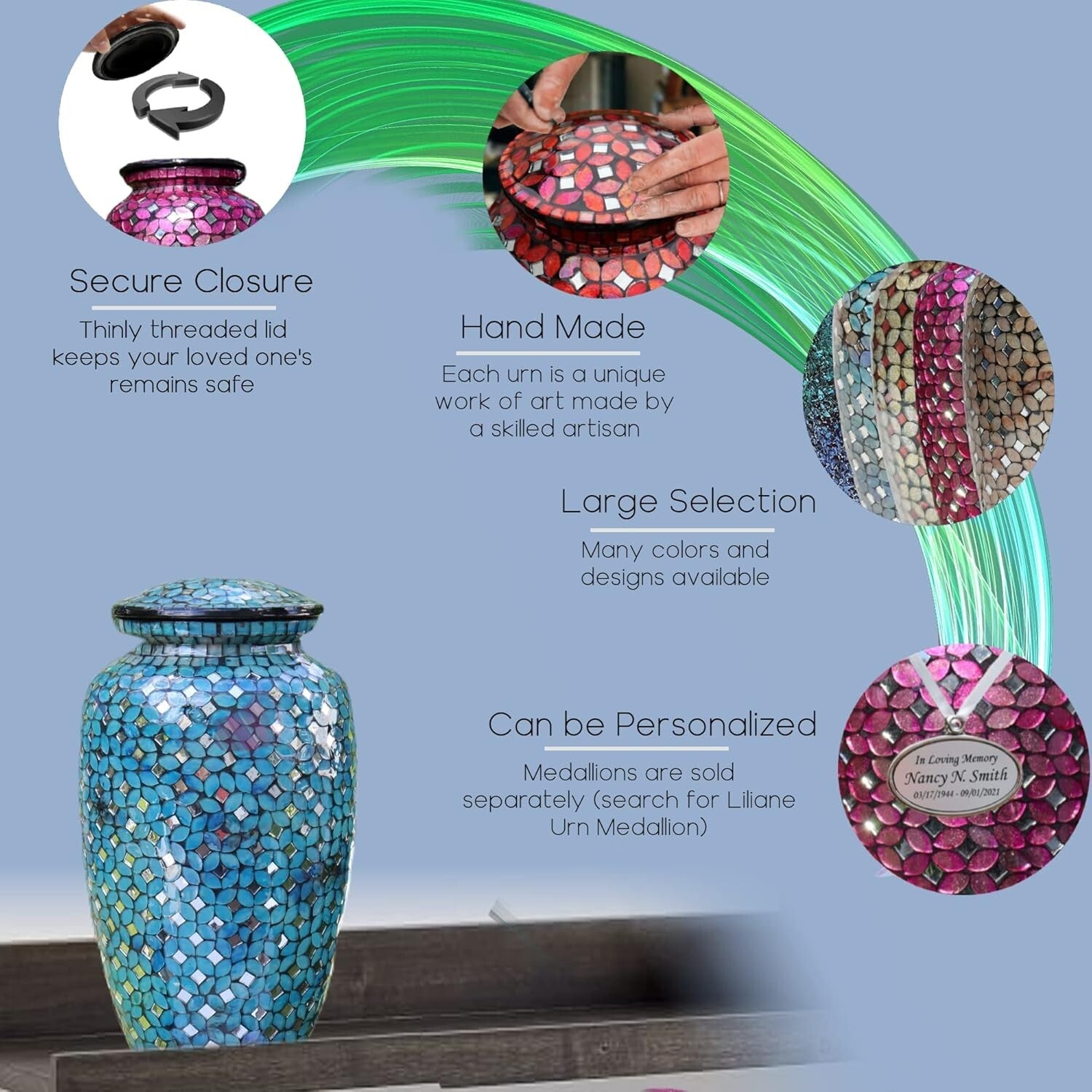 Elegant 200 Cu In Deep Pink Mosaic Glass Urn - Handcrafted Memorial for Ashes