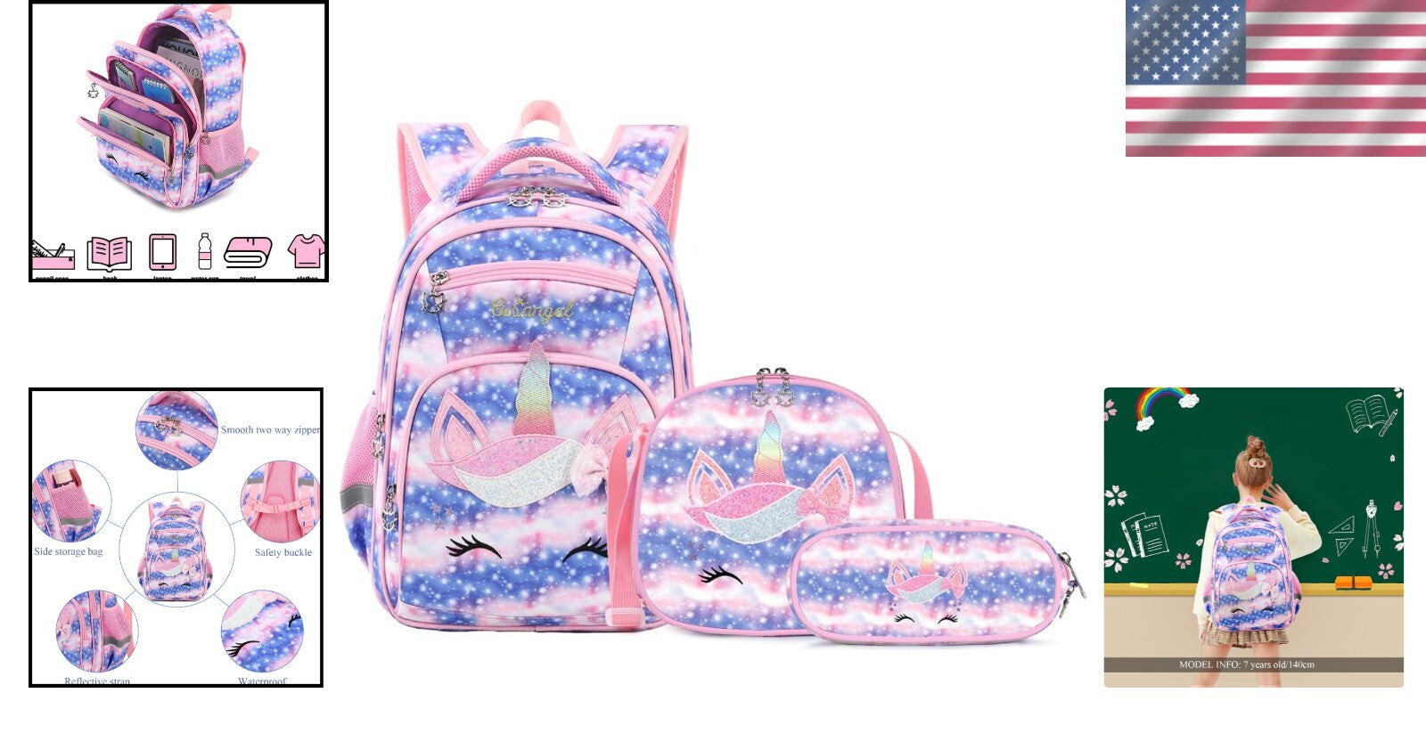 Ergonomic Multi-Compartment Backpack with Lunch Bag and Pencil Case for Girls