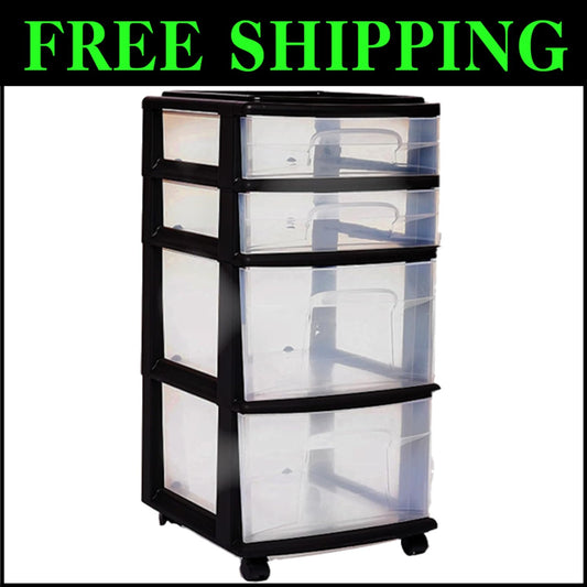 Compact 4-Drawer Plastic Storage Cart with Black Frame - No Assembly Needed