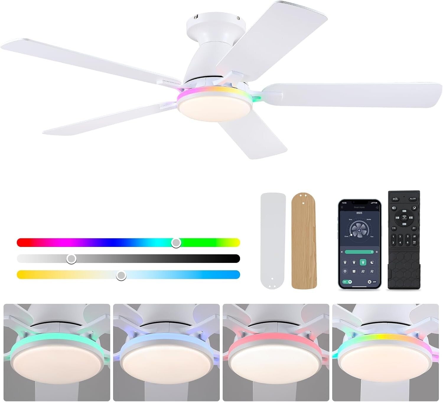 52" RGB Low Profile Ceiling Fan with LED Light & Remote Control - Sleek Design