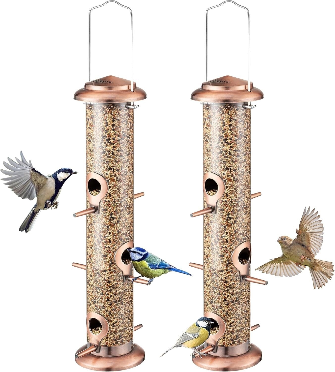 Durable Outdoor Bird Feeders in Brushed Copper with Six Ports - Bird Lover Gift