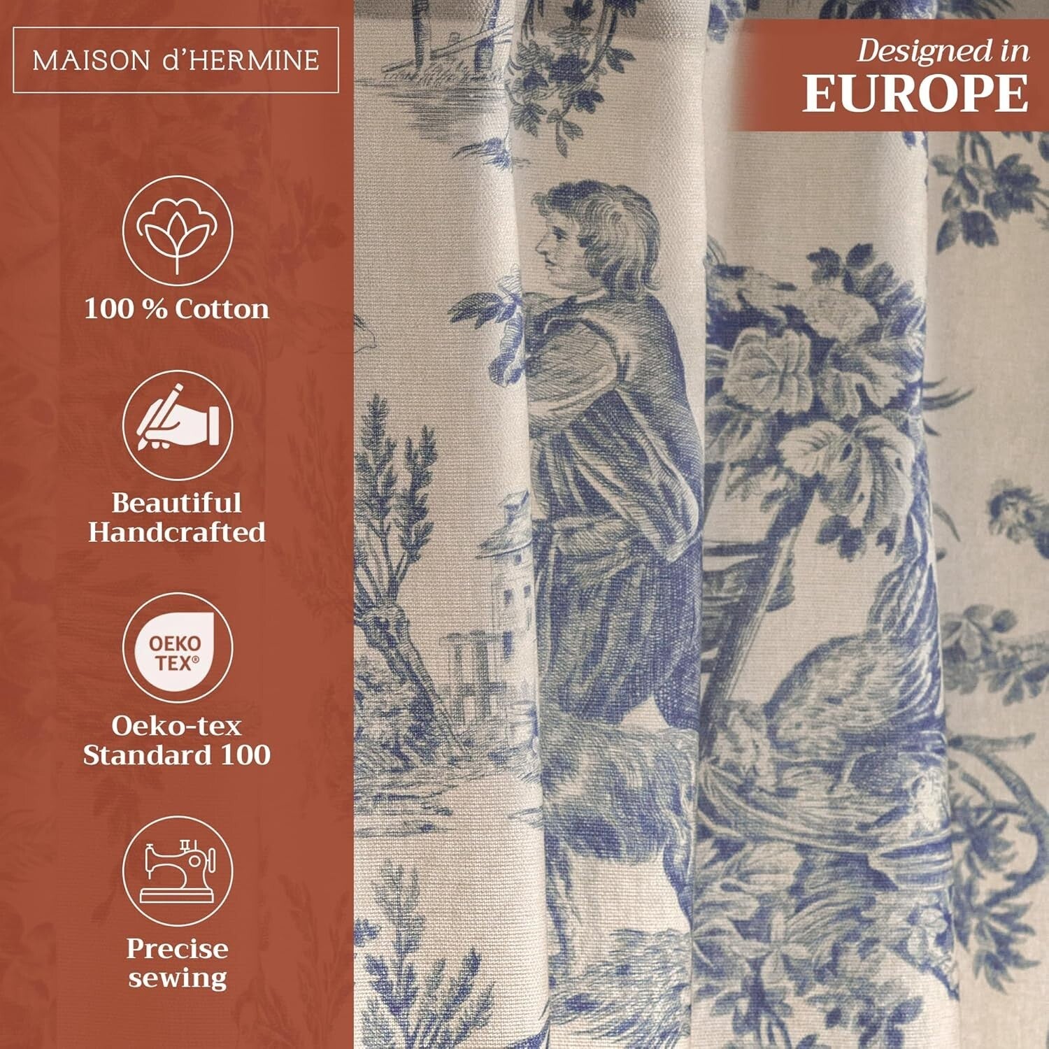 Charming 100% Cotton Toile Drapes 50" W x 108" L - Classic Elegance for Any Room