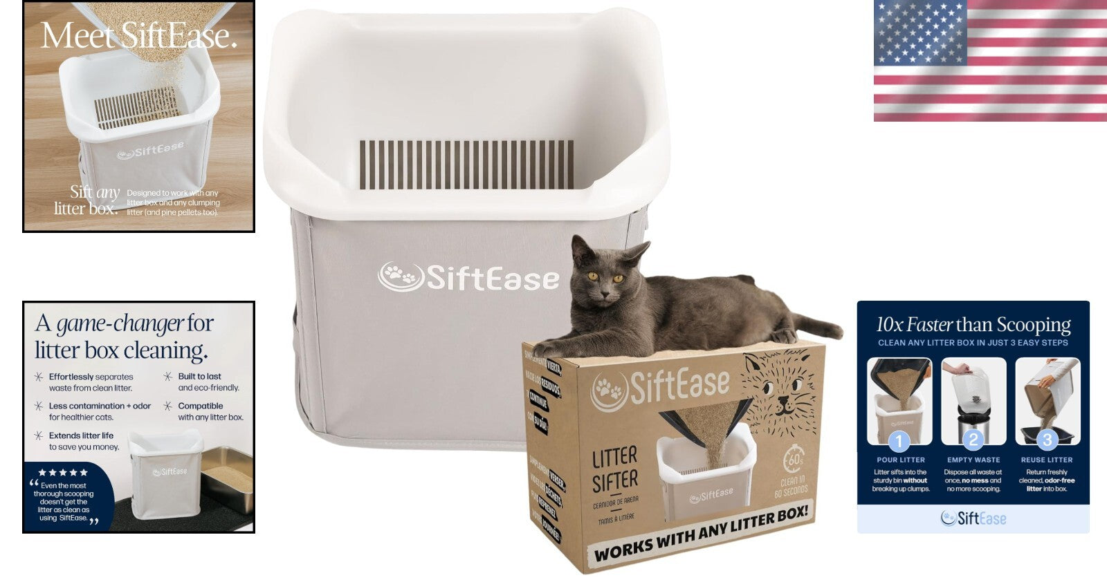 Light Grey Cat Litter Sifter - SiftEase with Deep Basket for Multi-Cat Homes