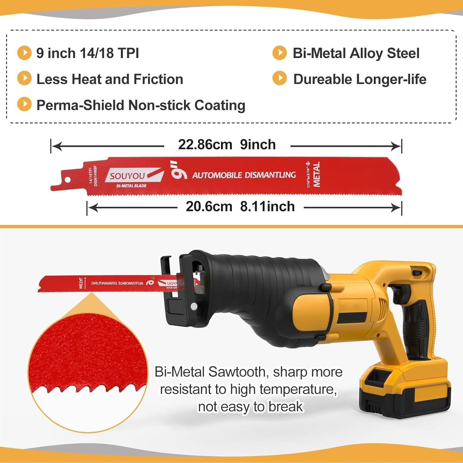 Ultra-Thick Bi-Metal Reciprocating Saw Blades Set - 14/18 TPI, Non-Stick Finish