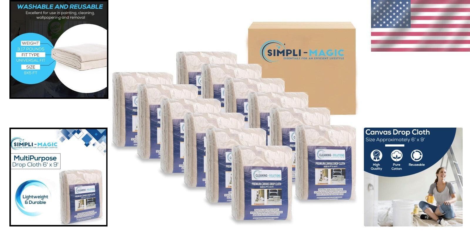 12-Pack 6' x 9' Heavy-Duty Canvas Drop Cloths for Ultimate Surface Protection