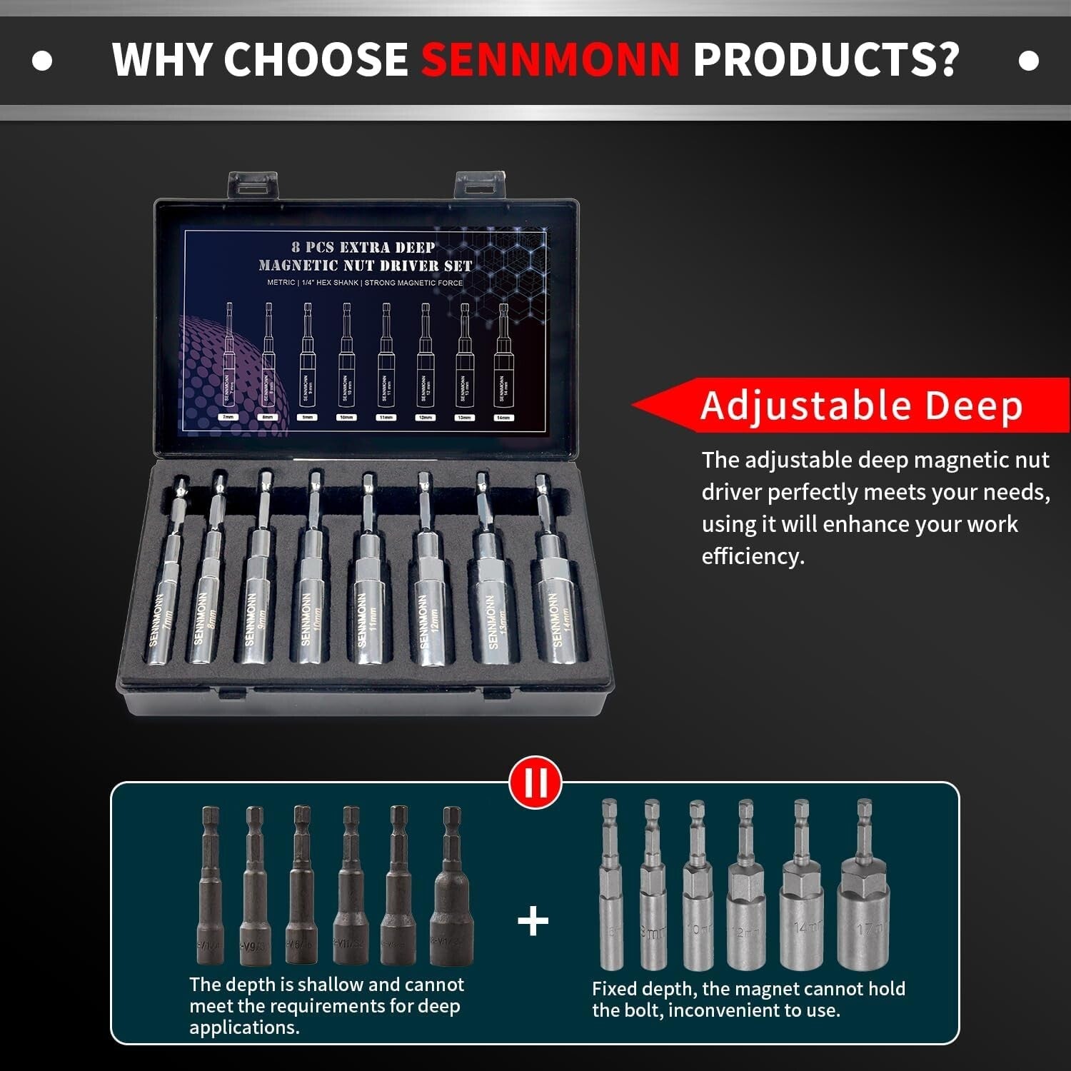 8 PCS Adjustable Deep Magnetic Nut Driver Set for Impact Drill - Metric Sizes