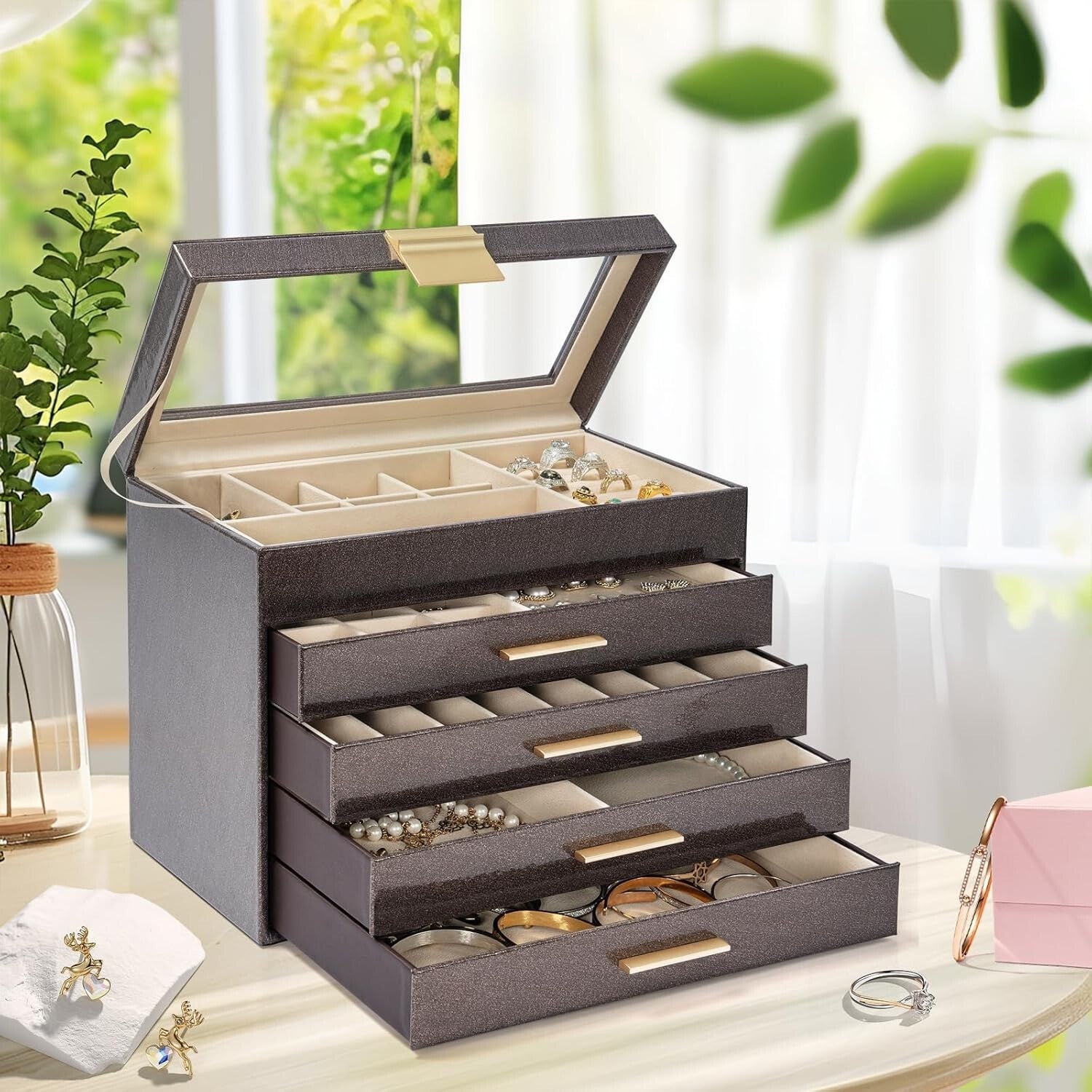 Stunning Clear Glass Lid Jewelry Box - 5-Tier Multi-Drawer Organizer for Women