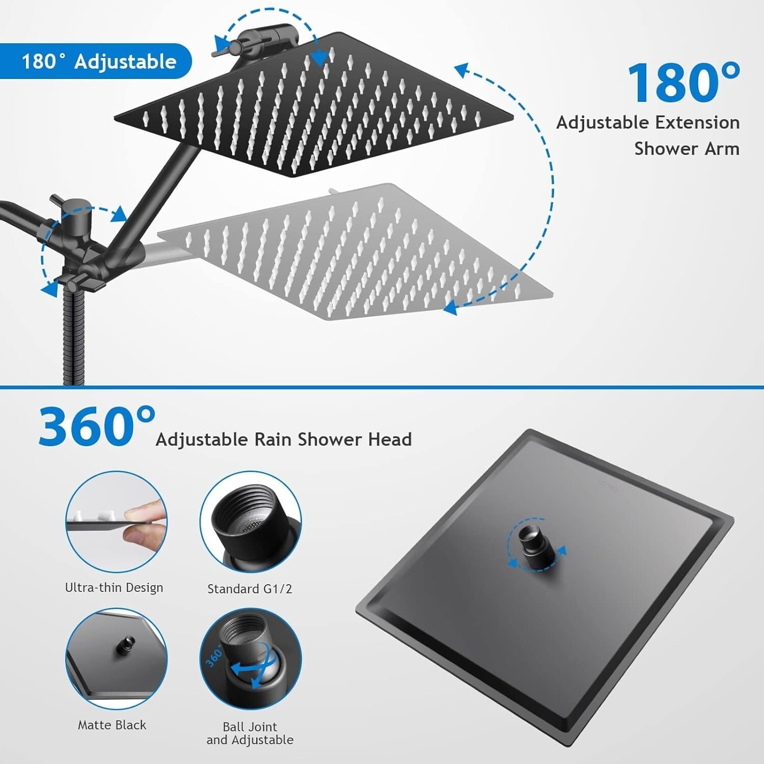 Adjustable 11-Inch Shower Arm with Large 12-Inch Rain Shower & Handheld Combo