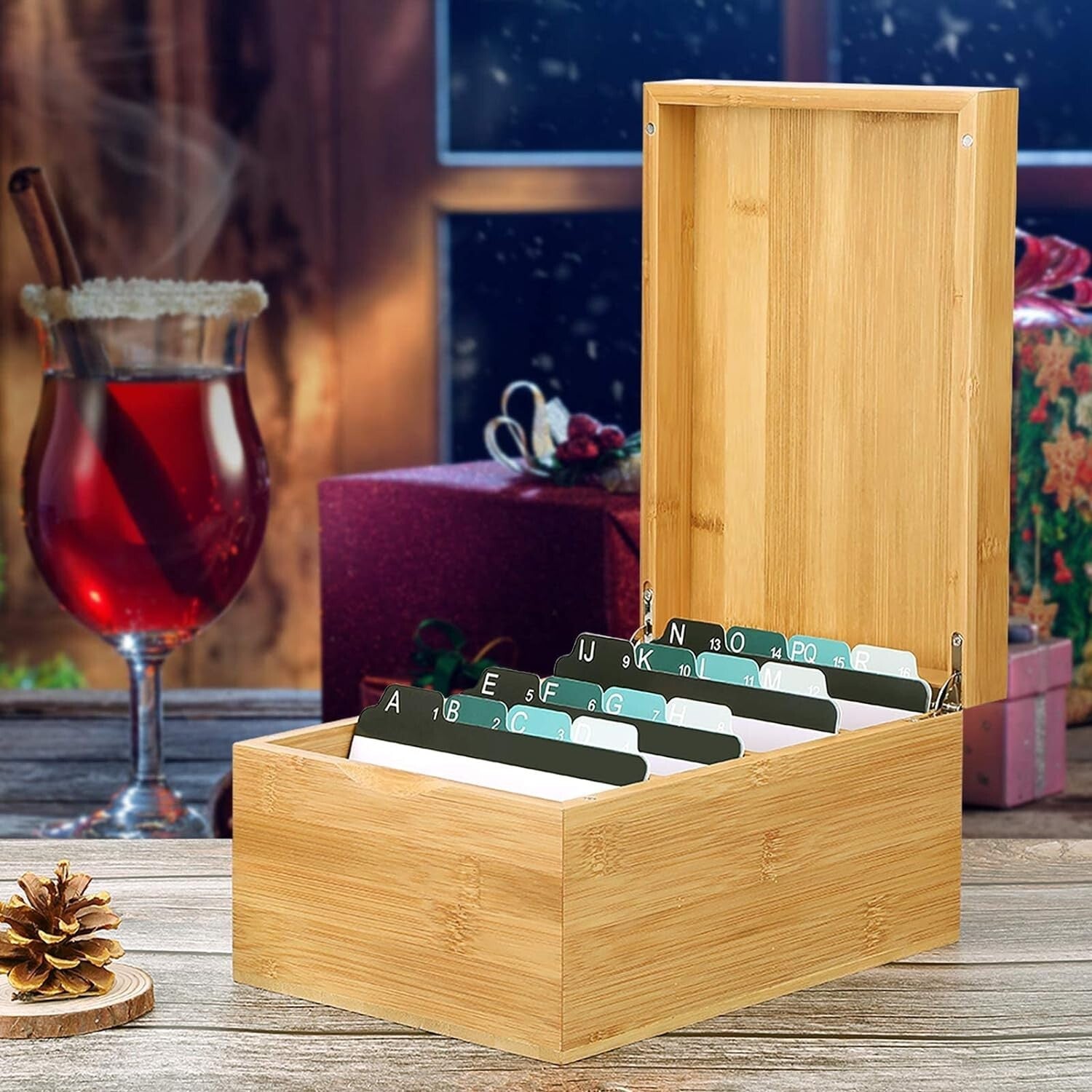 Elegant Bamboo Index Card Holder - 4x6 Inch with A-Z Dividers & Magnetic Closure