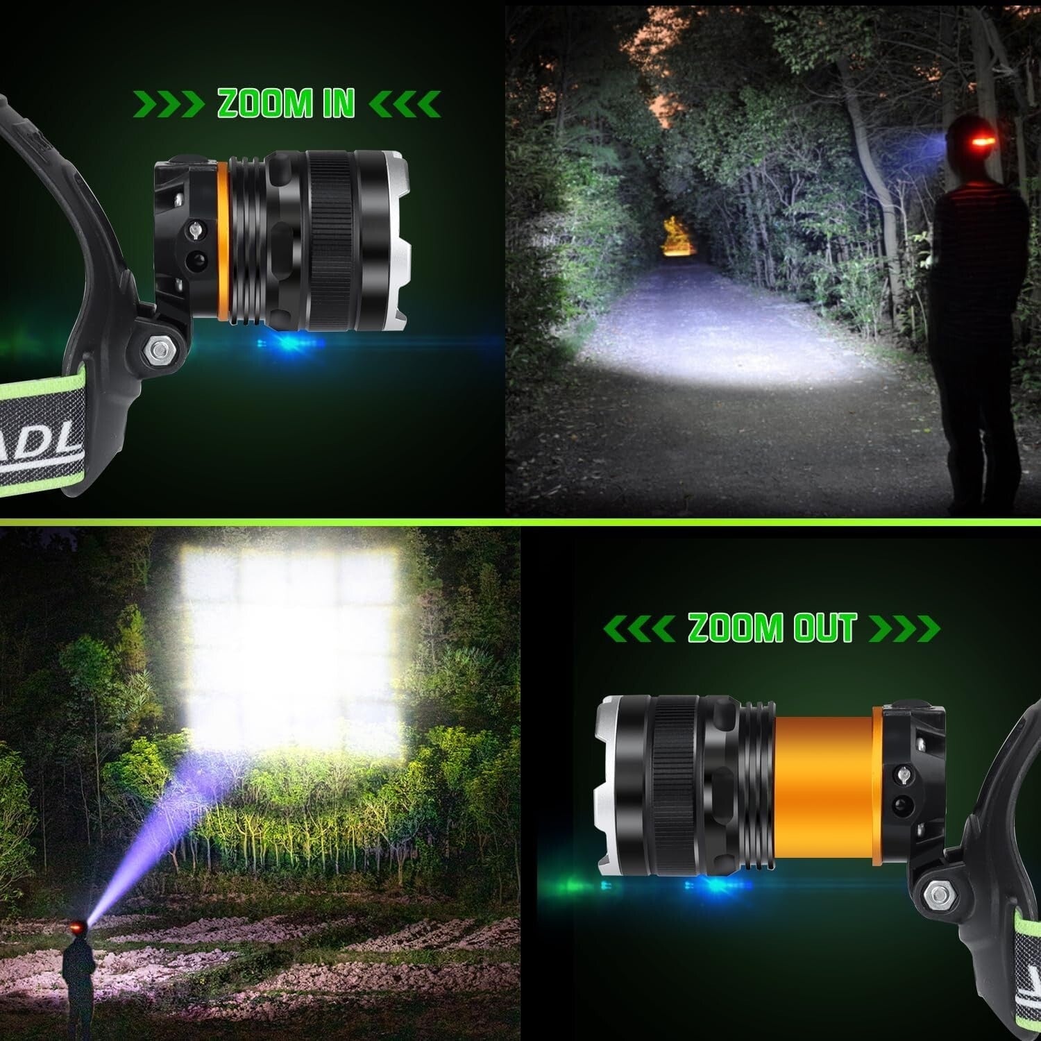 Adjustable 90° Waterproof LED Headlamp Set - Rechargeable & Ideal for Camping