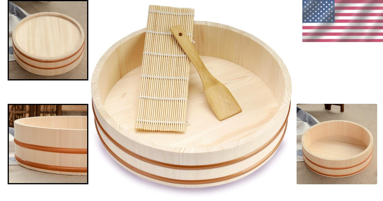 Traditional 14.2 Inch Wooden Sushi Mixing Bowl - Perfect for Home Sushi Nights