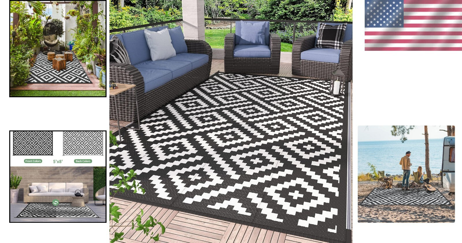 Black & White Geometric 5x8 Outdoor Area Rug - Durable Waterproof Solution