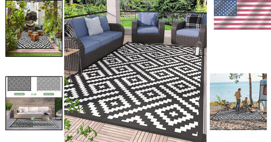 Black & White Geometric 5x8 Outdoor Area Rug - Durable Waterproof Solution