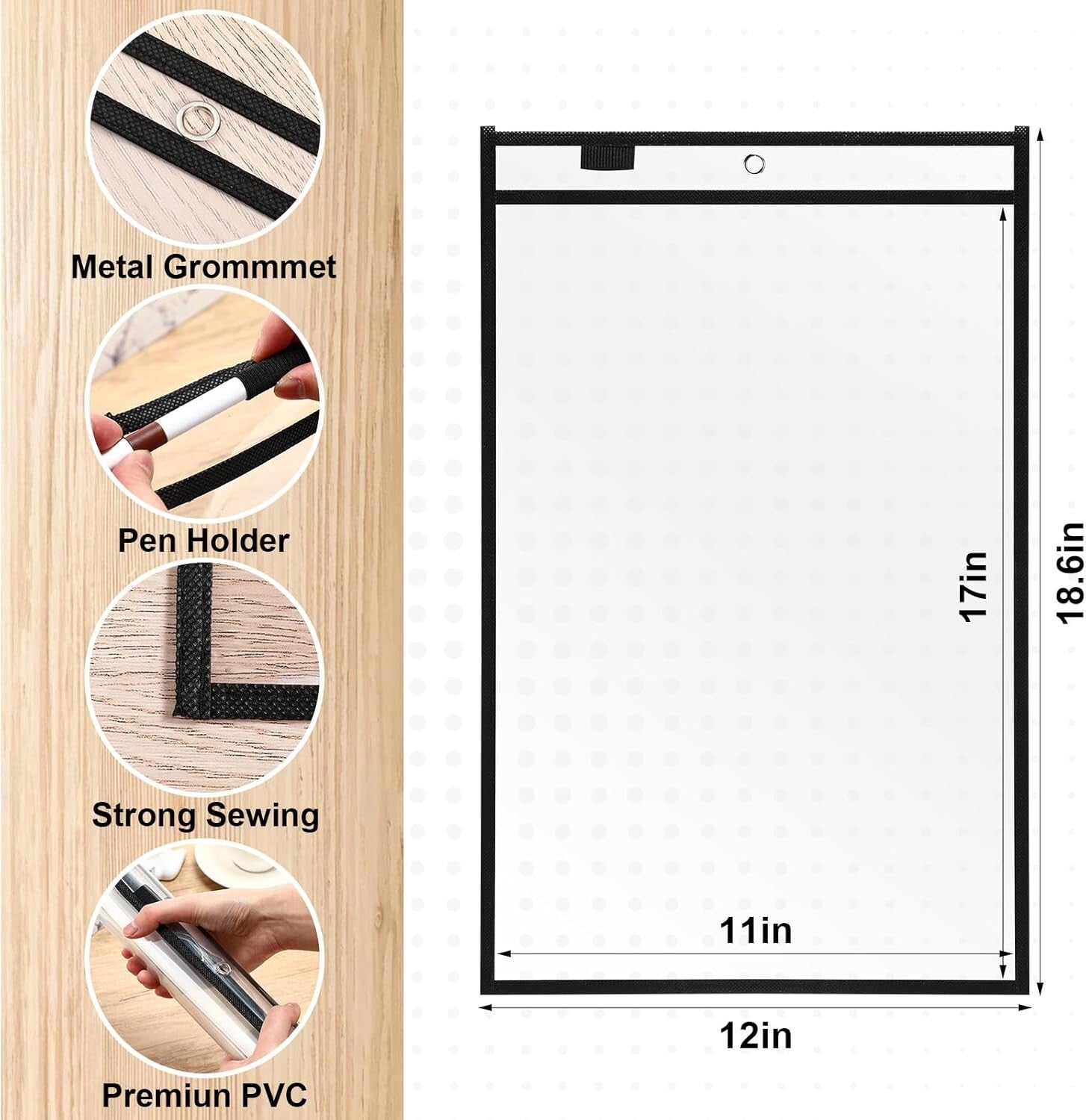 Durable Plastic Dry Erase Ticket Holders - 50 Oversized Clear Sleeves 12 x 18.6