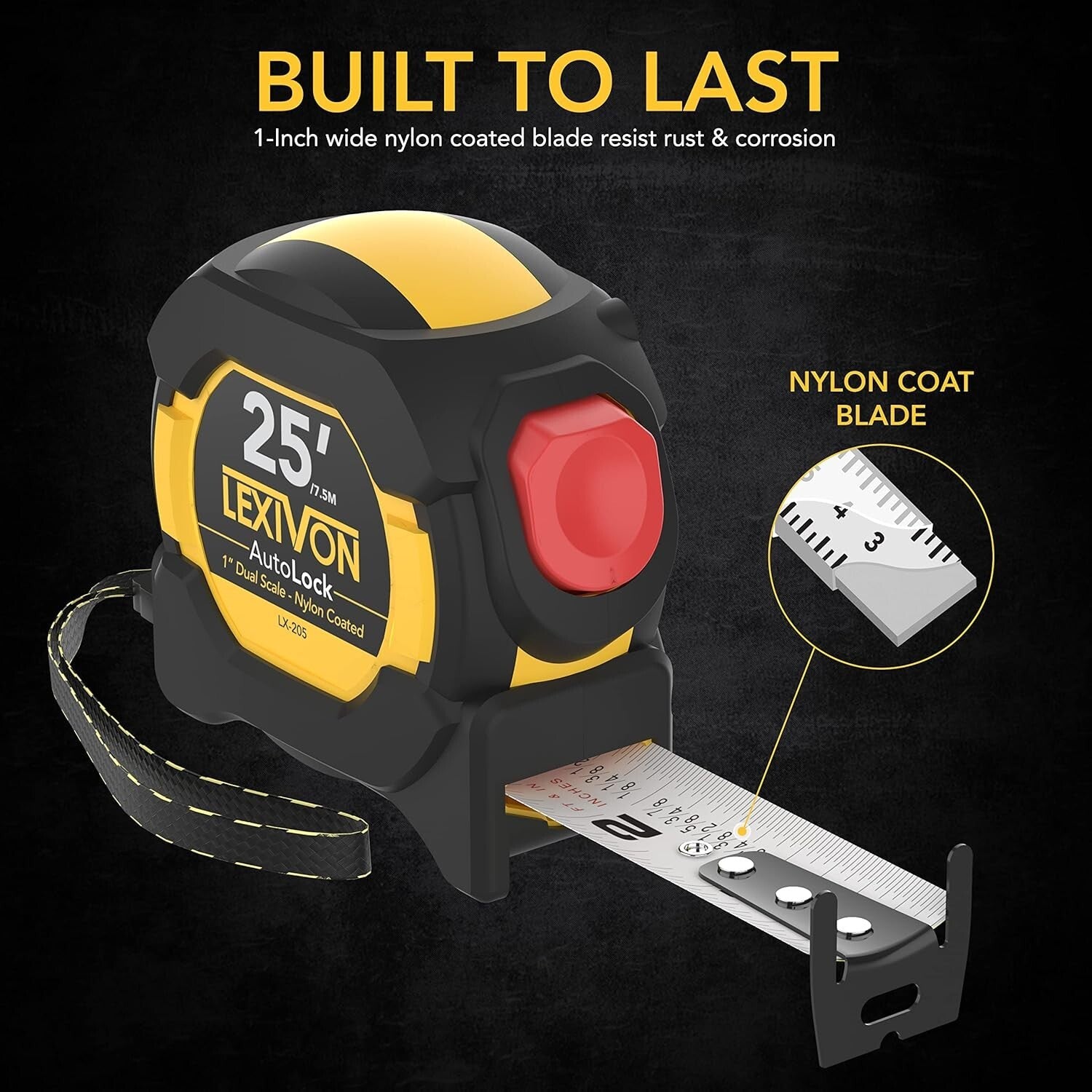 Durable Heavy Duty 25Ft AutoLock Measuring Tape - Set of 4 with Easy Read Scale